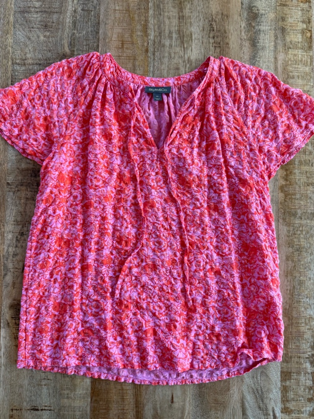 Style & Co. Pink Coral Short-Sleeve Textured V-Neck Blouse